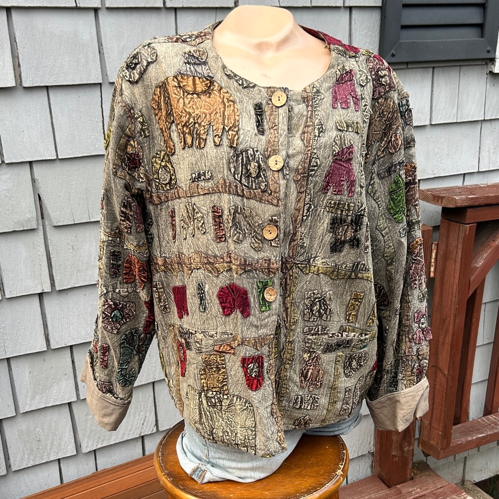 Sacred Threads Cotton Made in India Animal Patchwork Button-Up Jacket-Elephants